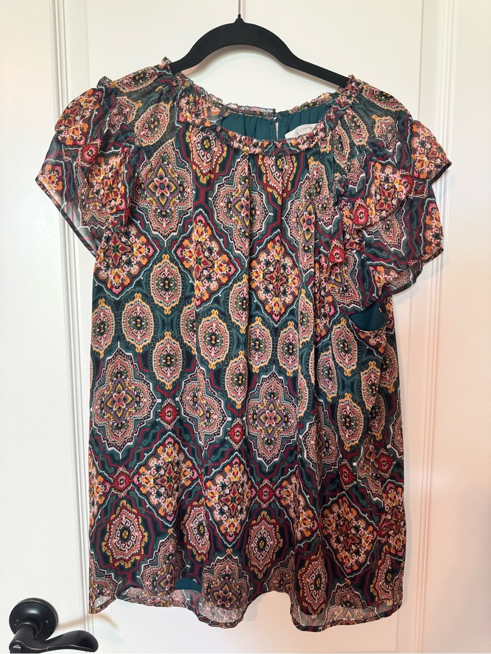 LOFT Teal Medallion Print Ruffle Sleeve Blouse